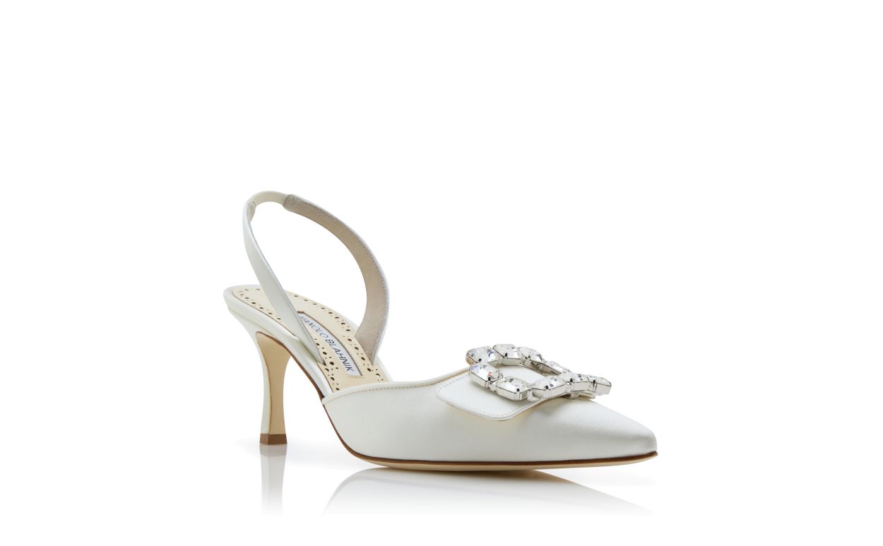 Cream Satin Crystal Buckle Slingback Pumps