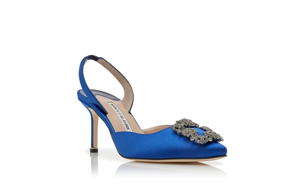 Blue Satin Jewel Buckle Slingback Pumps