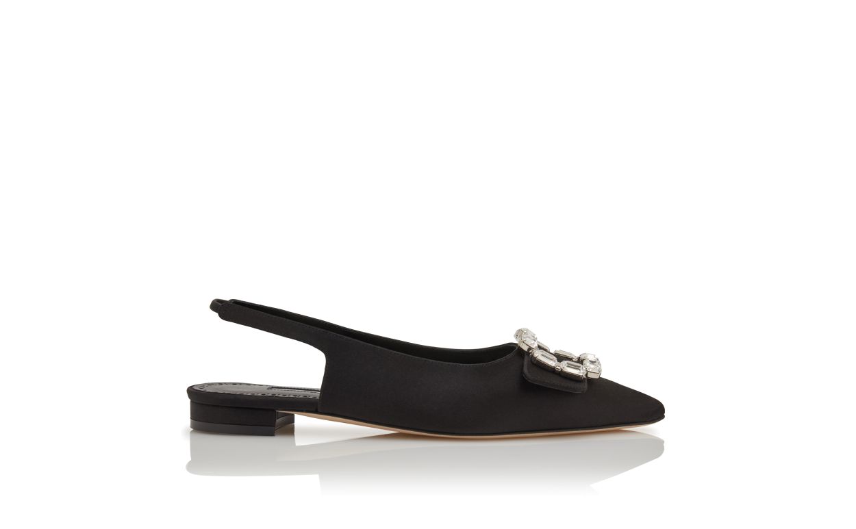 Black Satin Crystal Buckle Slingback Flat Pumps