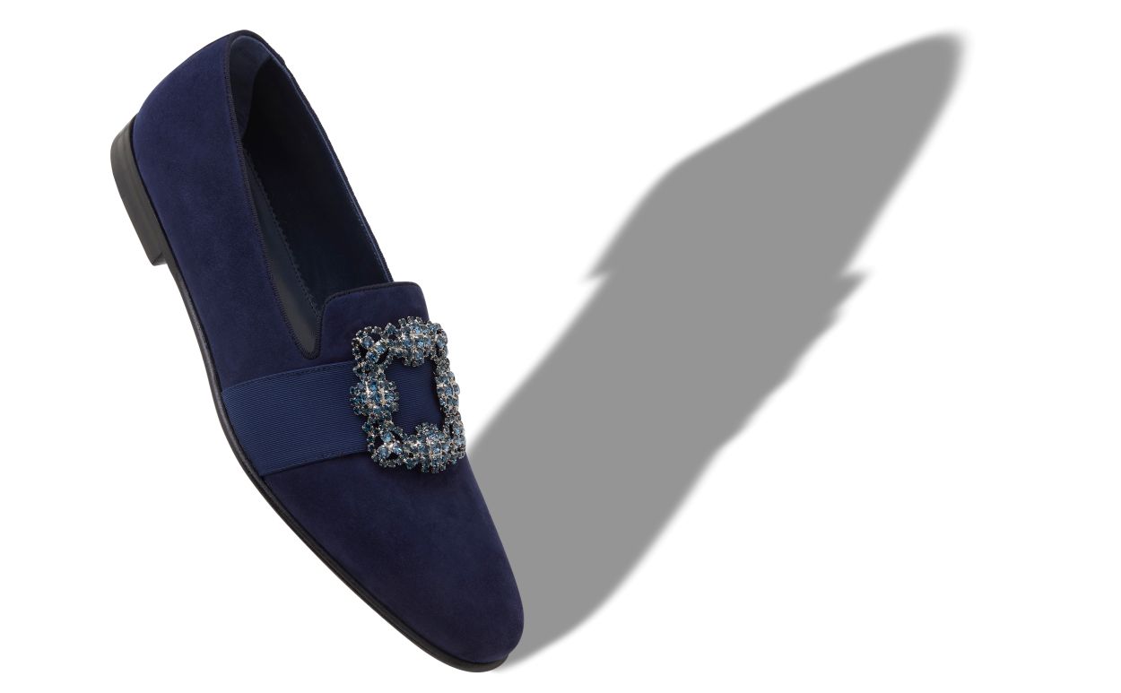 Navy Blue Suede Jewelled Buckle Loafers