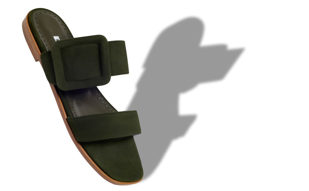 Dark Green Suede Flat Sandals