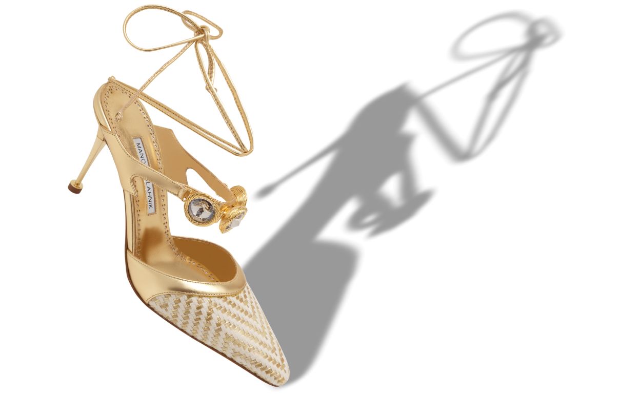Gold Nappa Leather Crystal Embellished Ankle Strap Pumps