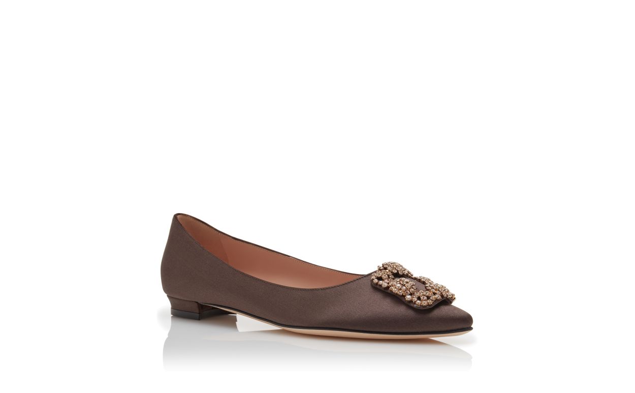 Brown Satin Jewel Buckle Flat Pumps