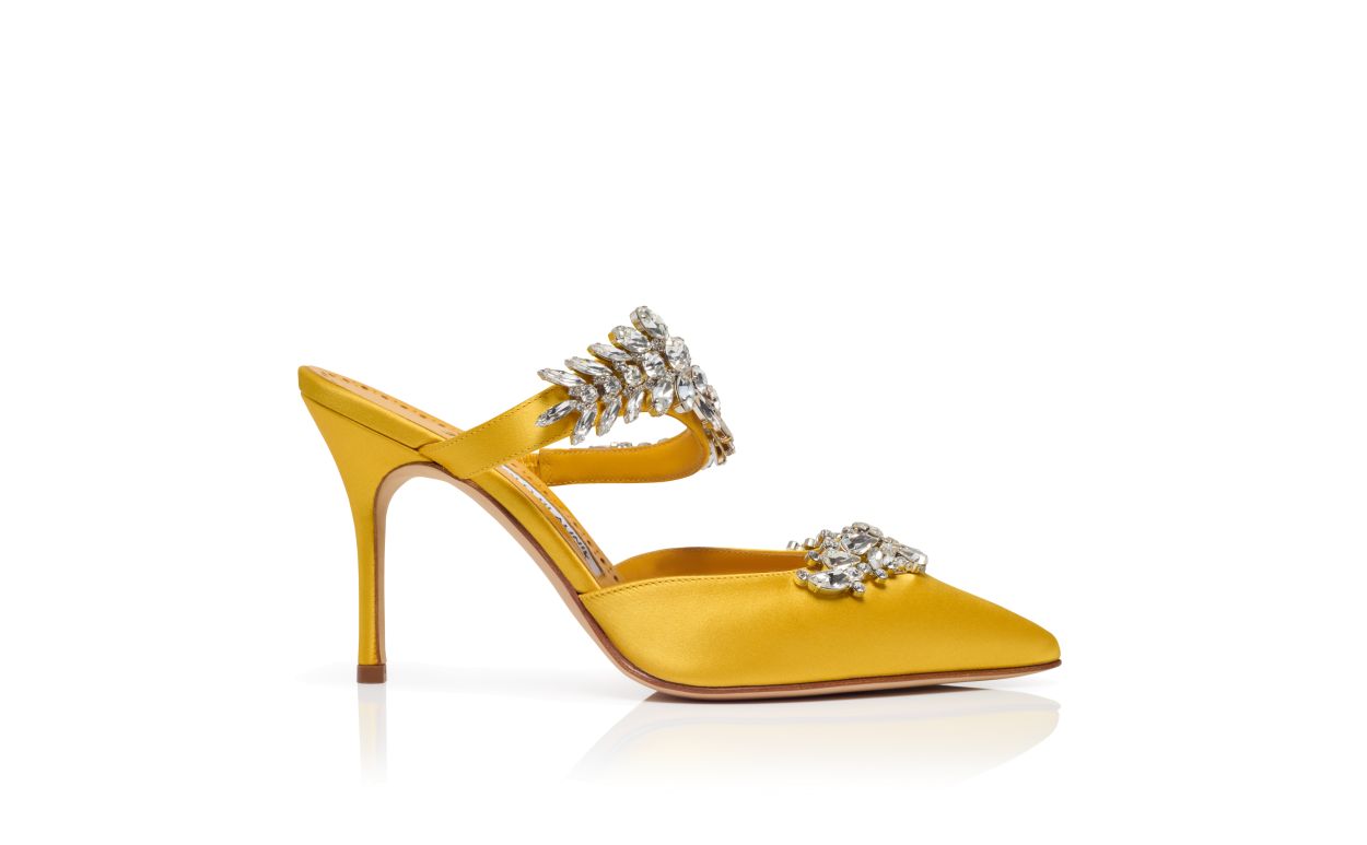 Yellow Satin Crystal Embellished Mules