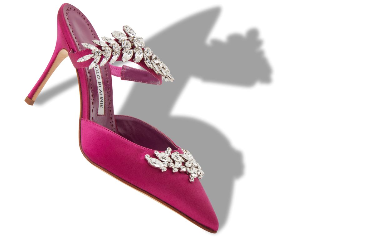 Fuchsia Satin Crystal Embellished Mules