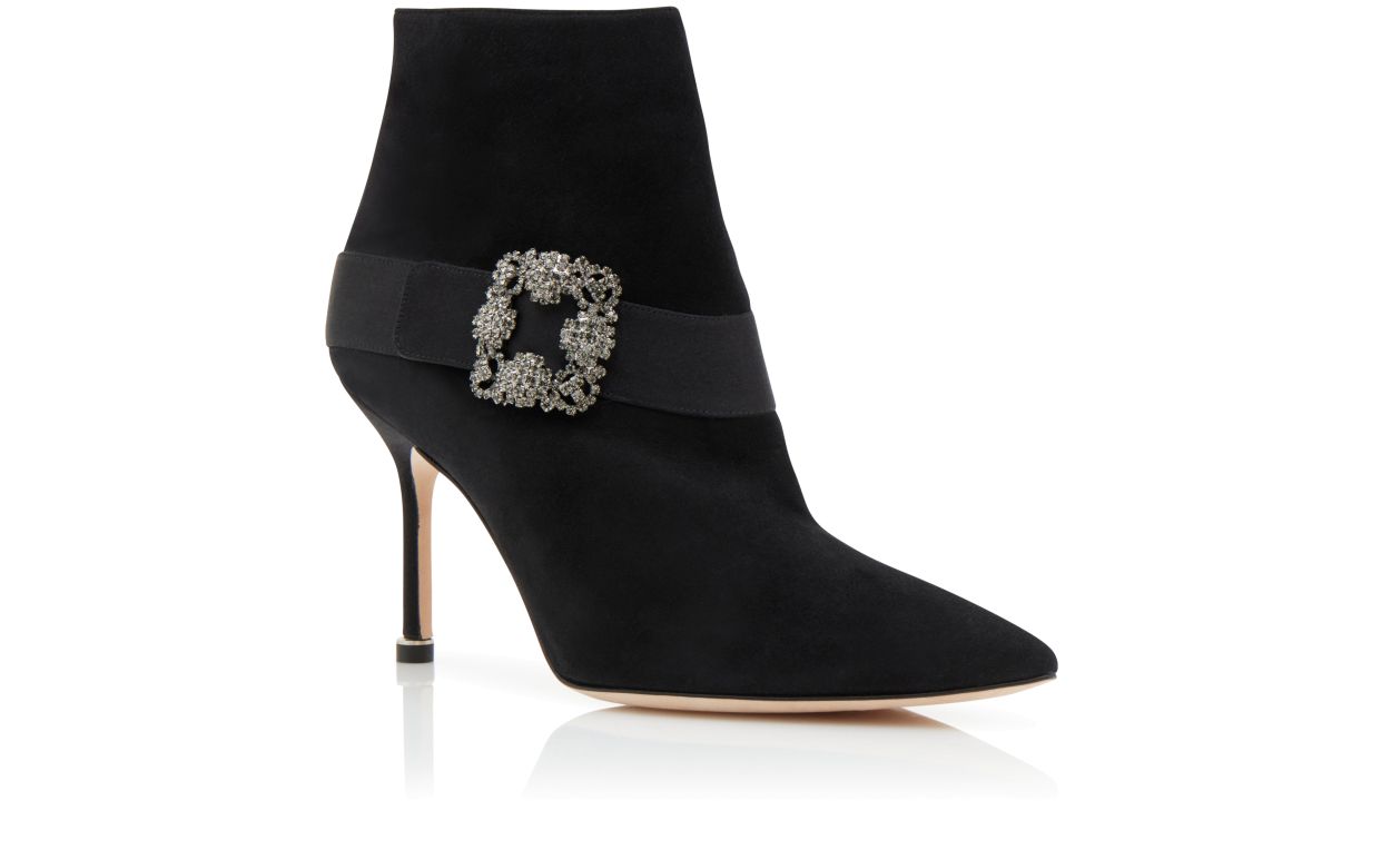 Black Suede Jewel Buckle Ankle Boots