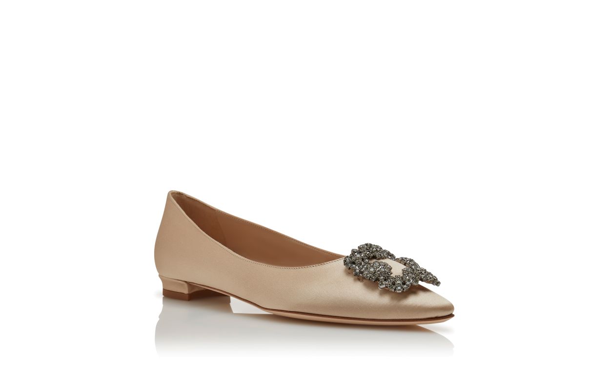 Champagne Satin Jewel Buckle Flat Pumps
