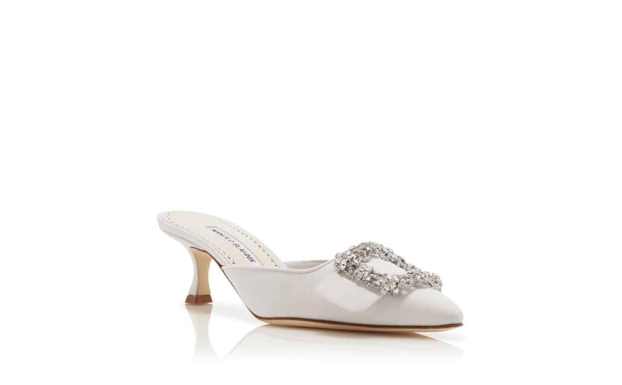 White Satin Crystal Buckle Mules