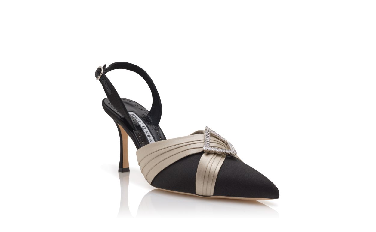 Black Satin Pleated Detail Slingback Pumps
