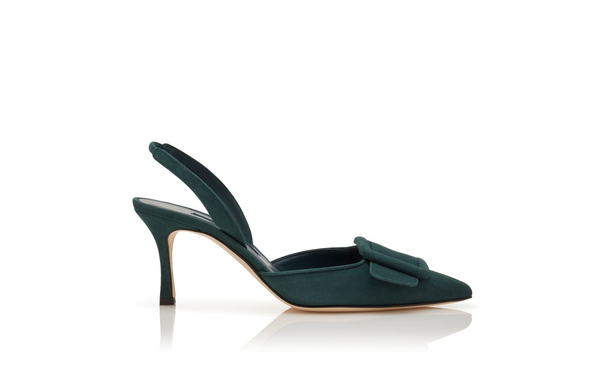 Dark Green Suede Buckle Detail Slingback Pumps