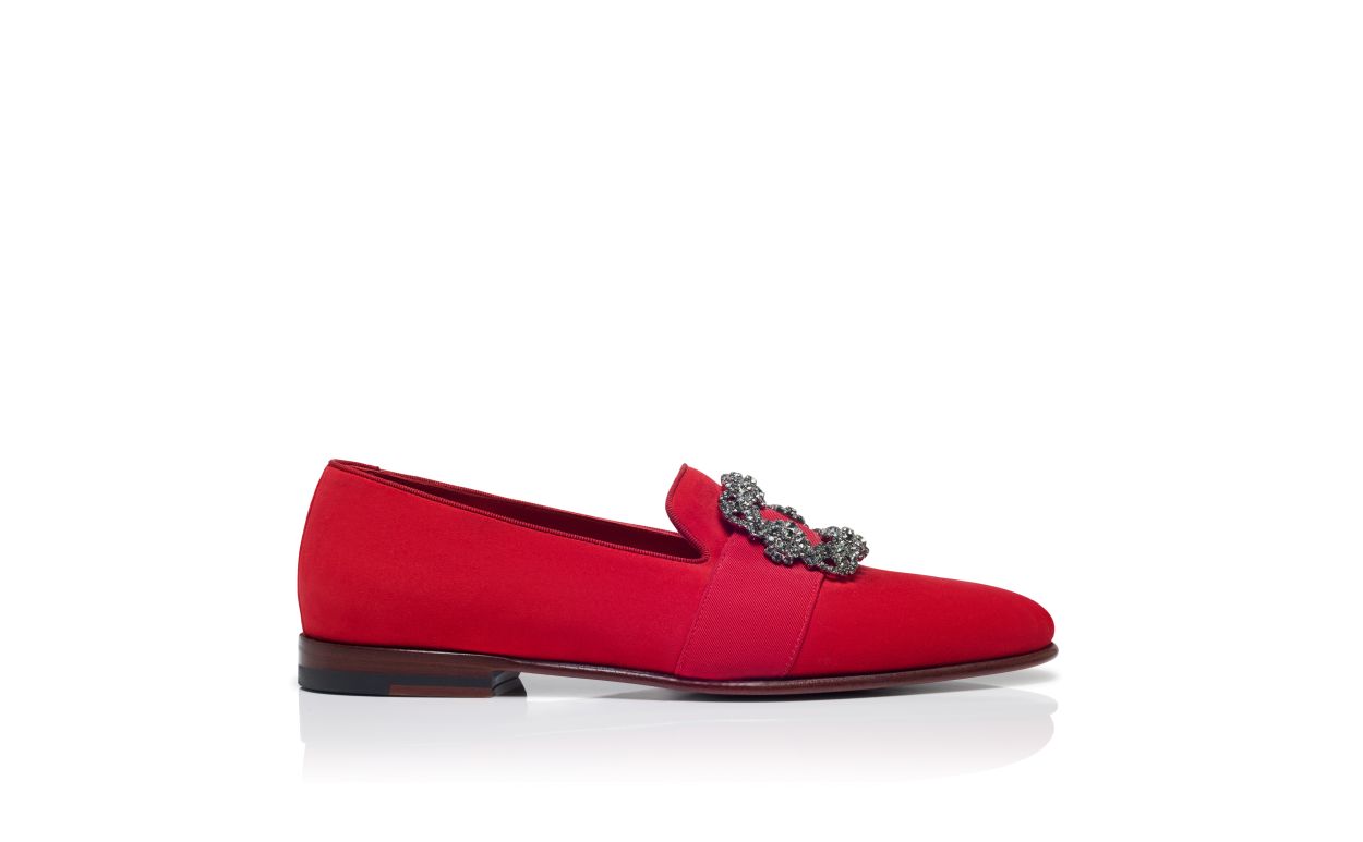 Red Suede Jewel Buckle Loafers
