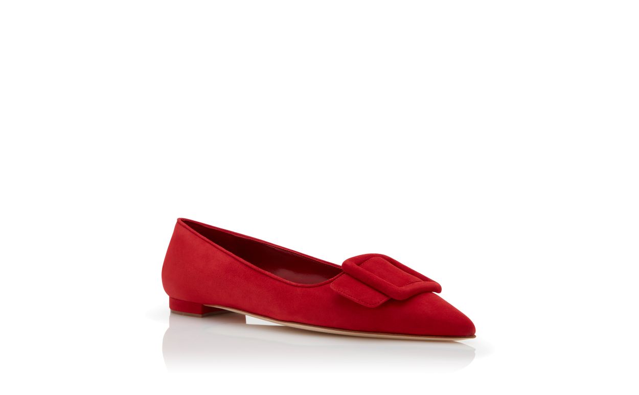 Red Suede Buckle Detail Flat Pumps