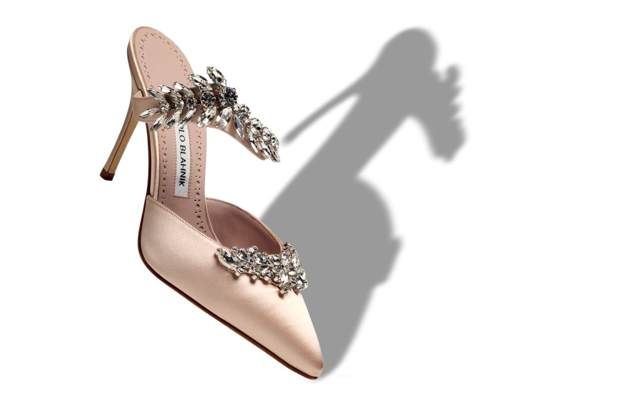 Light Beige Satin Crystal Embellished Mules