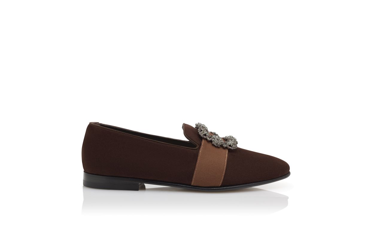 Dark Brown Suede Jewel Buckle Loafers