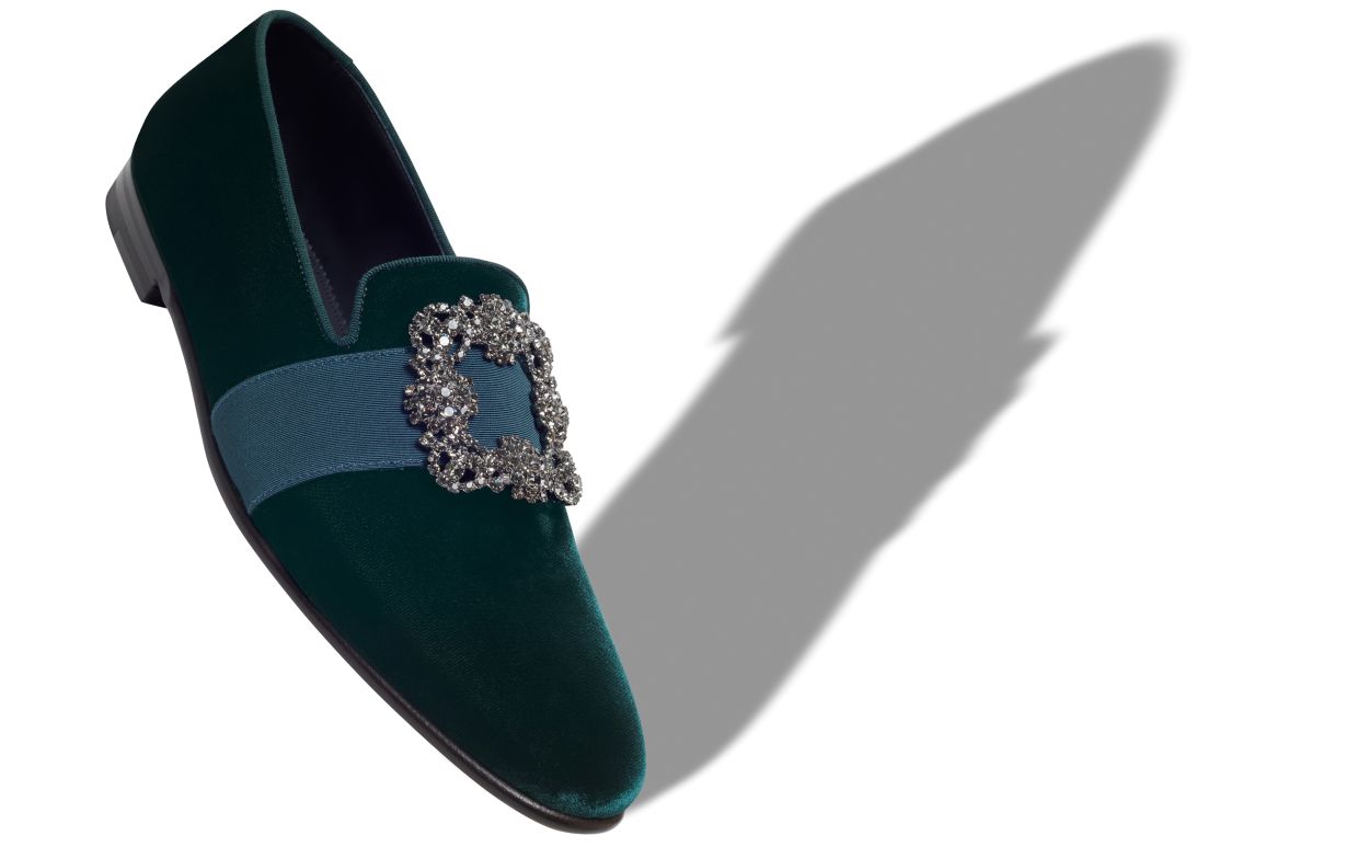 Green Velvet Jewel Buckle Loafers