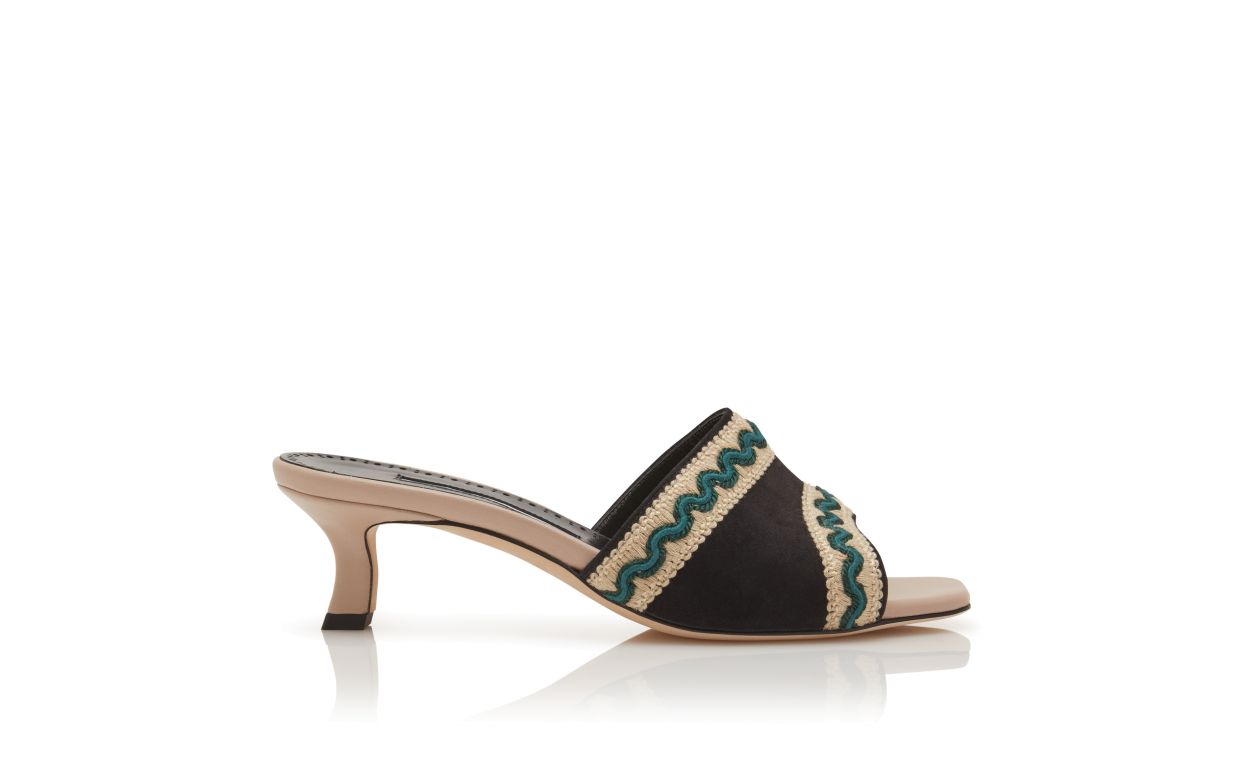 Light Beige and Black Suede Knitted Detail Mules