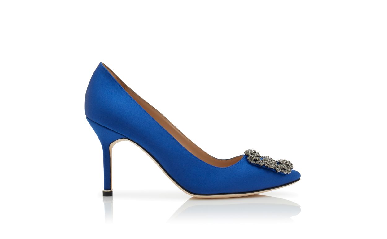 Blue Satin Jewel Buckle Pumps