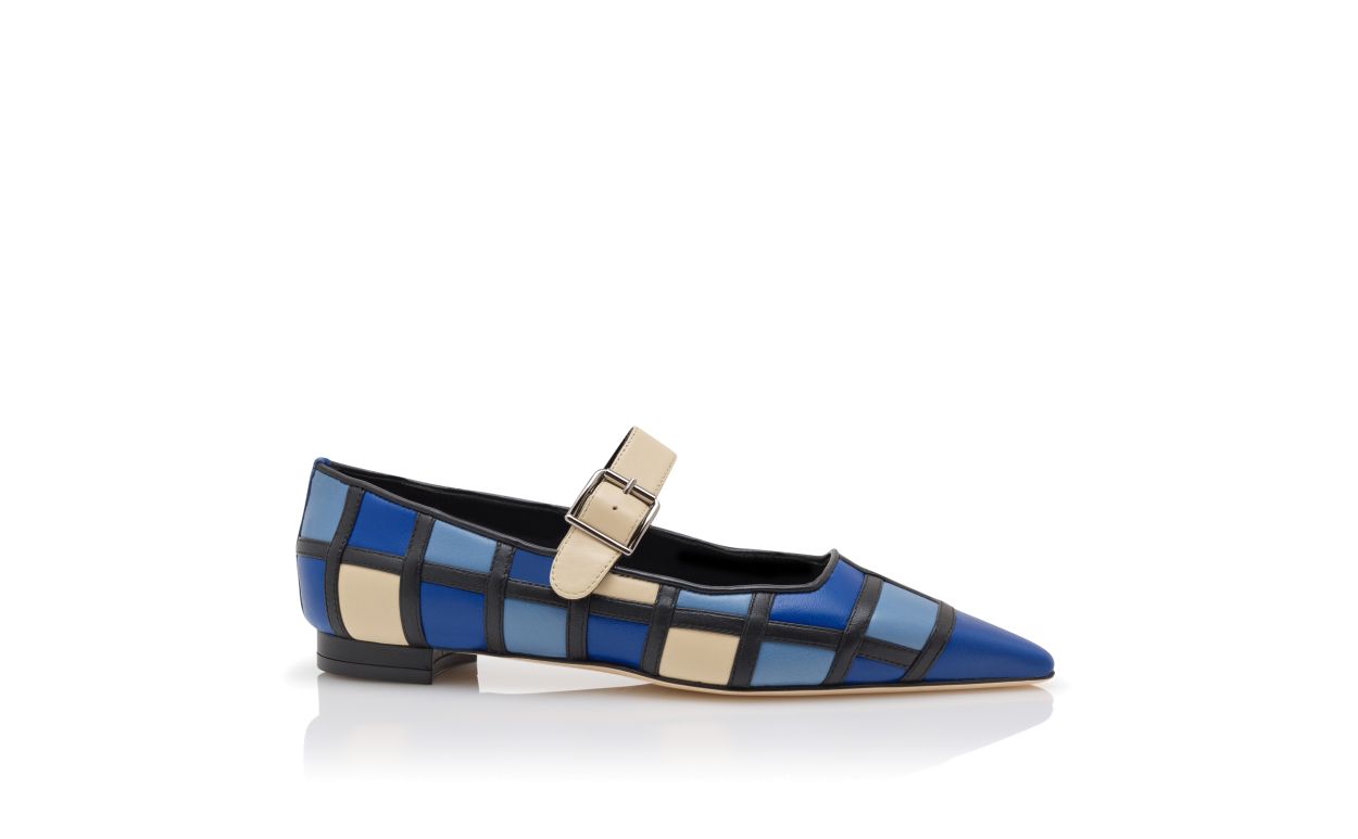 Blue and Cream Nappa Leather Mary Jane Flat Pumps