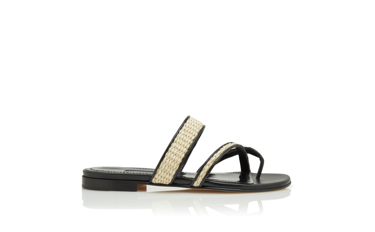 Black and Beige Raffia Flat Sandals