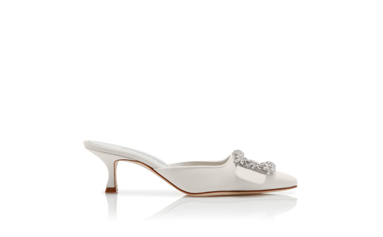 White Satin Crystal Buckle Mules