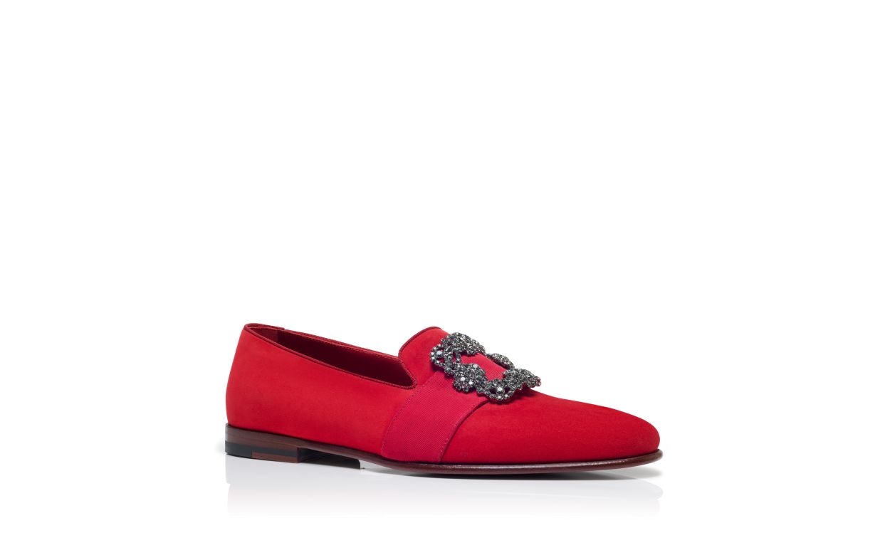 Red Suede Jewel Buckle Loafers