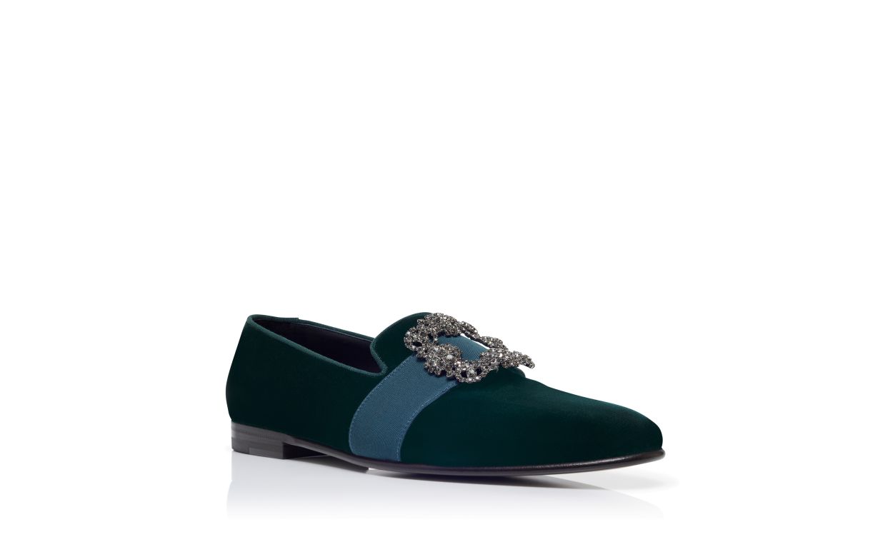 Green Velvet Jewel Buckle Loafers