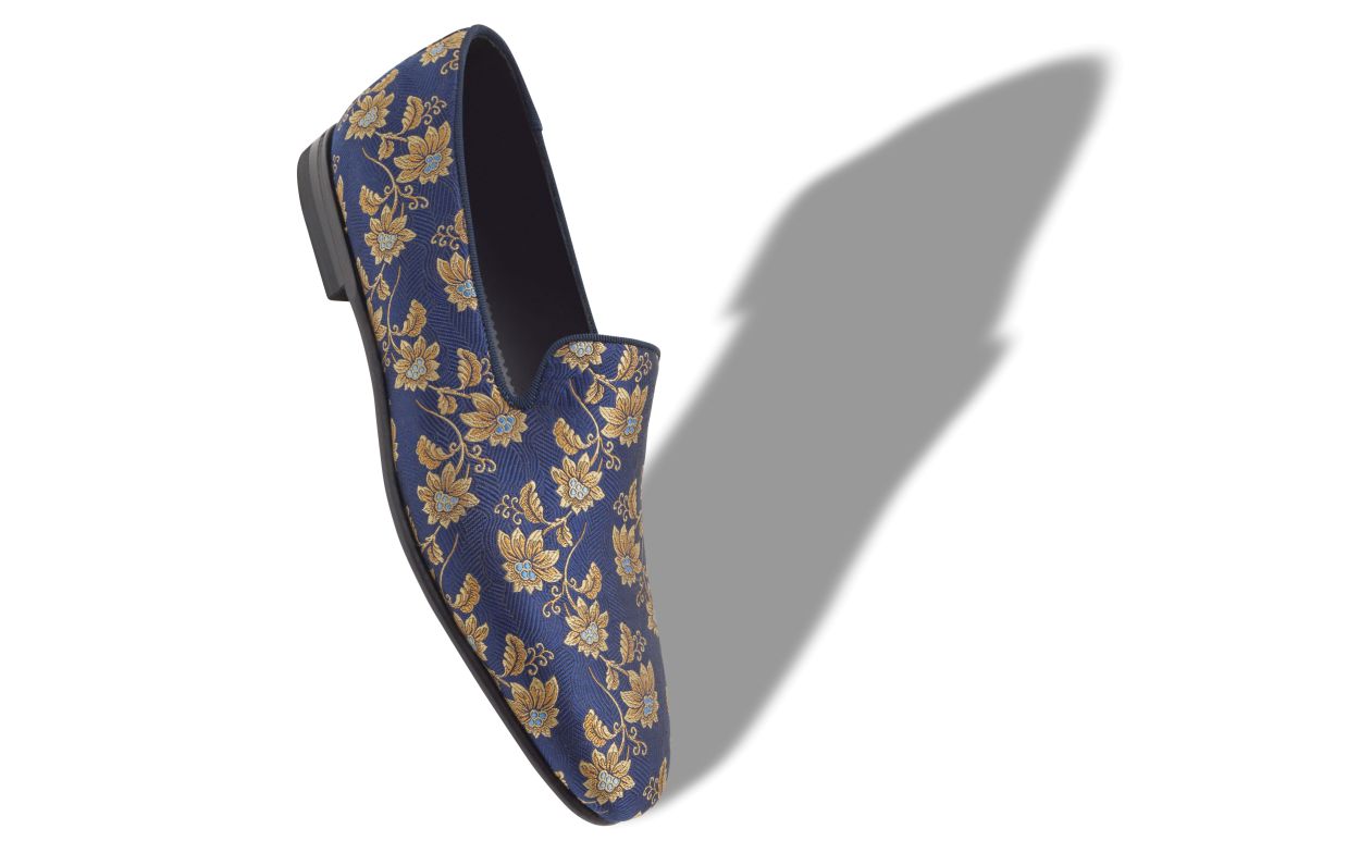 Navy Blue Floral Silk Jacquard Loafers