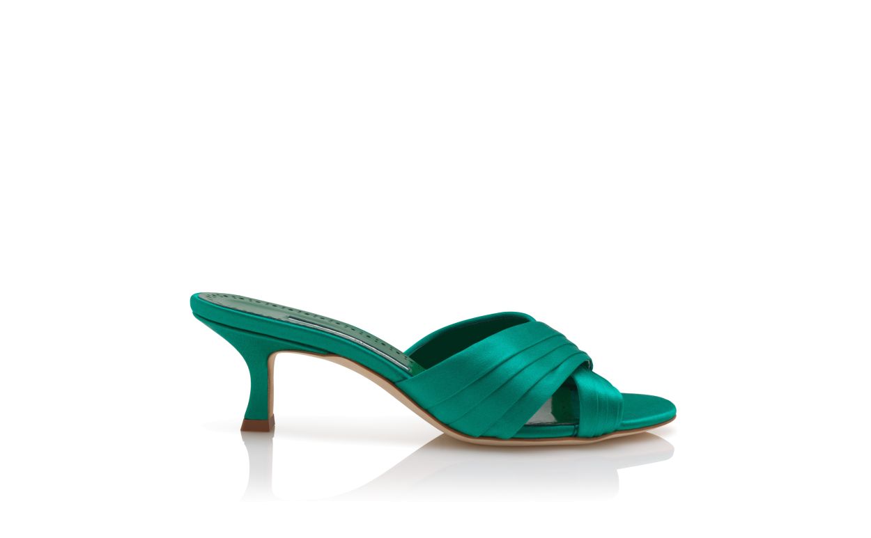 Green Satin Pleated Detail Mules