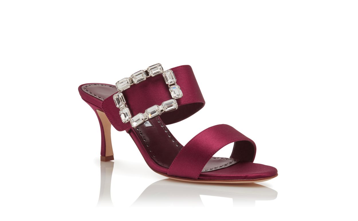 Dark Red Satin Crystal Buckle Mules