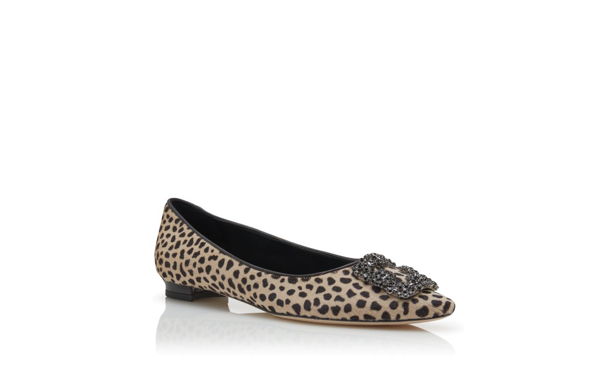 Animal Print Calf Hair Jewel Buckle Flat Pumps