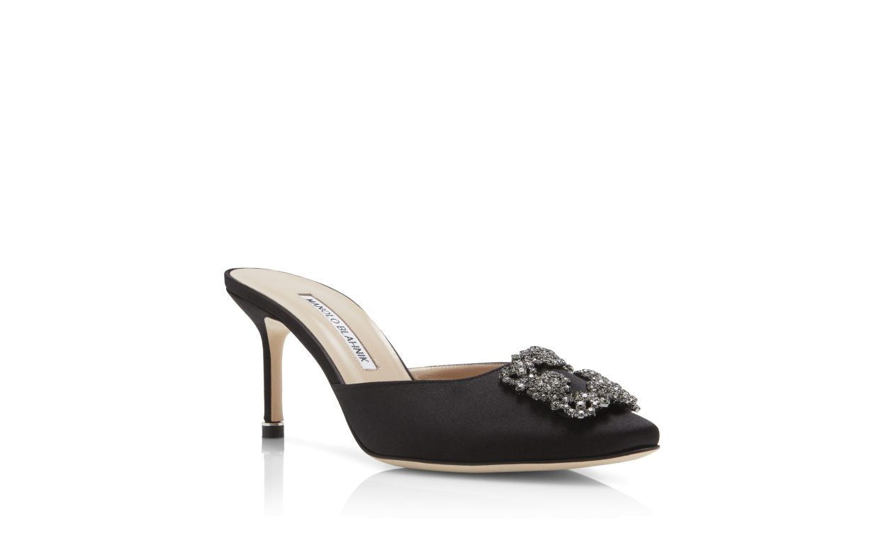 Black Satin Jewel Buckle Mules