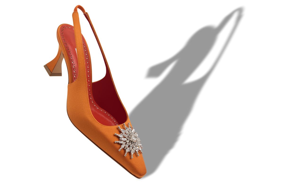 Orange Satin Crystal Embellished Slingback Pumps