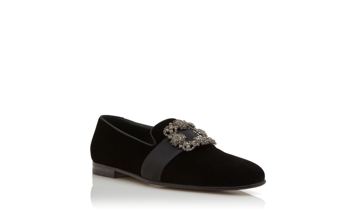 Black Velvet Jewel Buckle Loafers