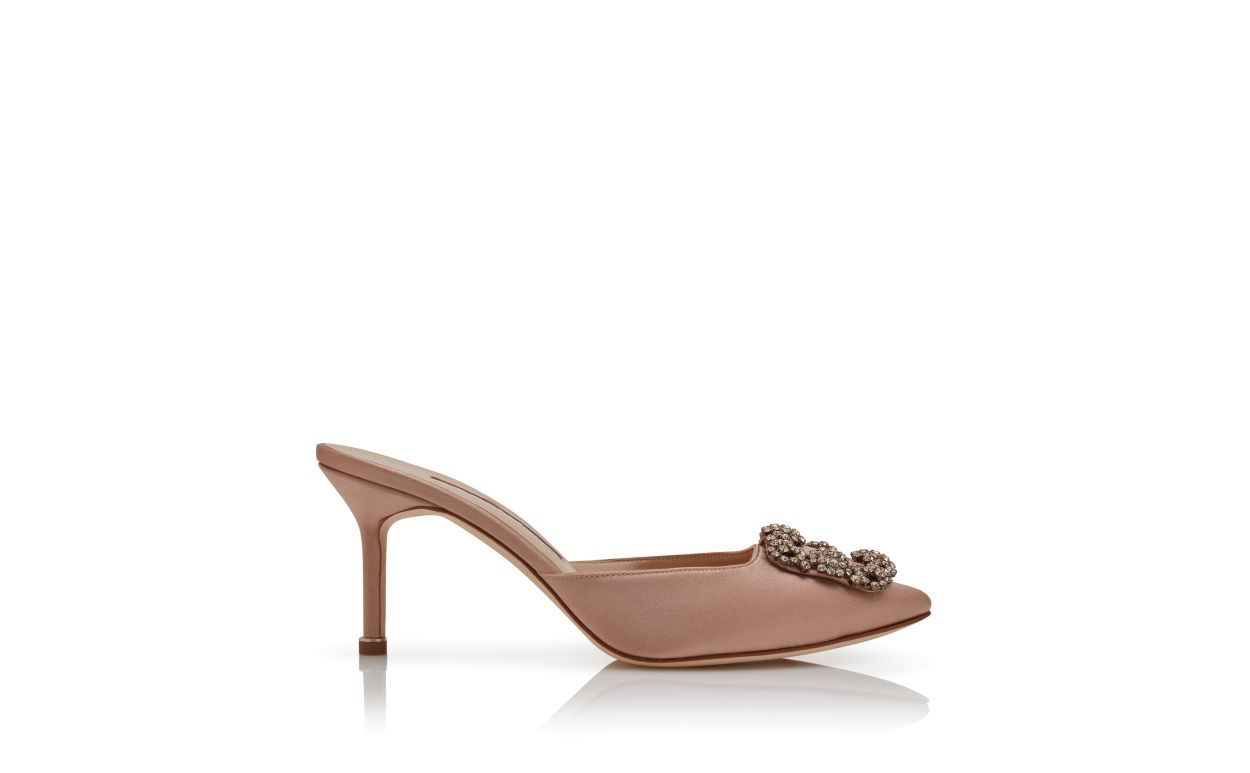 Beige Satin Jewel Buckle Mules