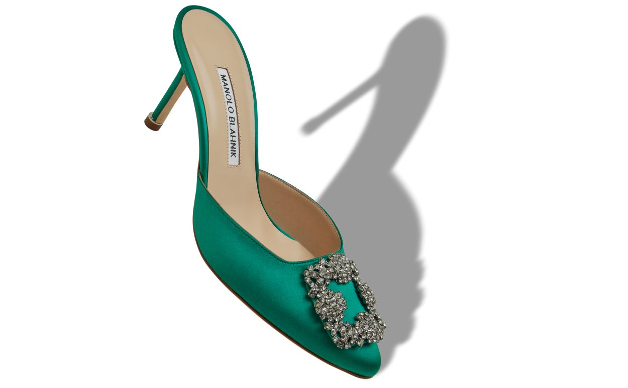 Green Satin Jewel Buckle Mules