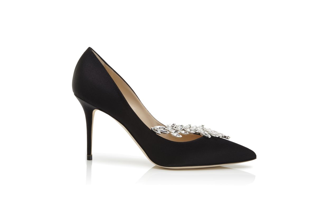 Black Satin Jewel Buckle Pumps
