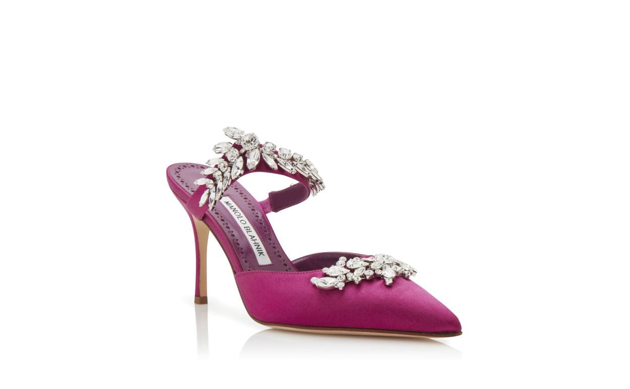 Fuchsia Satin Crystal Embellished Mules