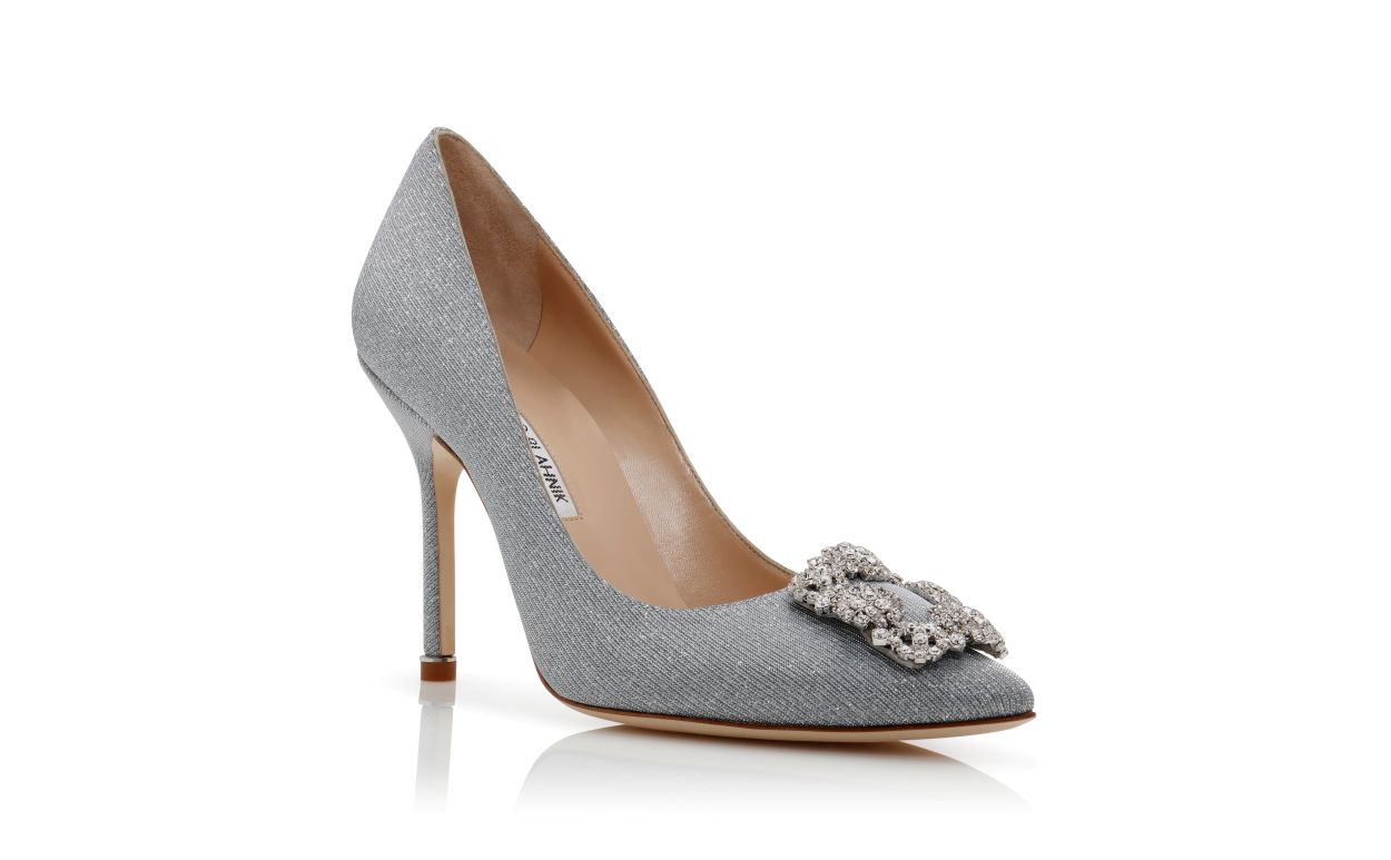 Silver Glitter Fabric Jewel Buckle Pumps