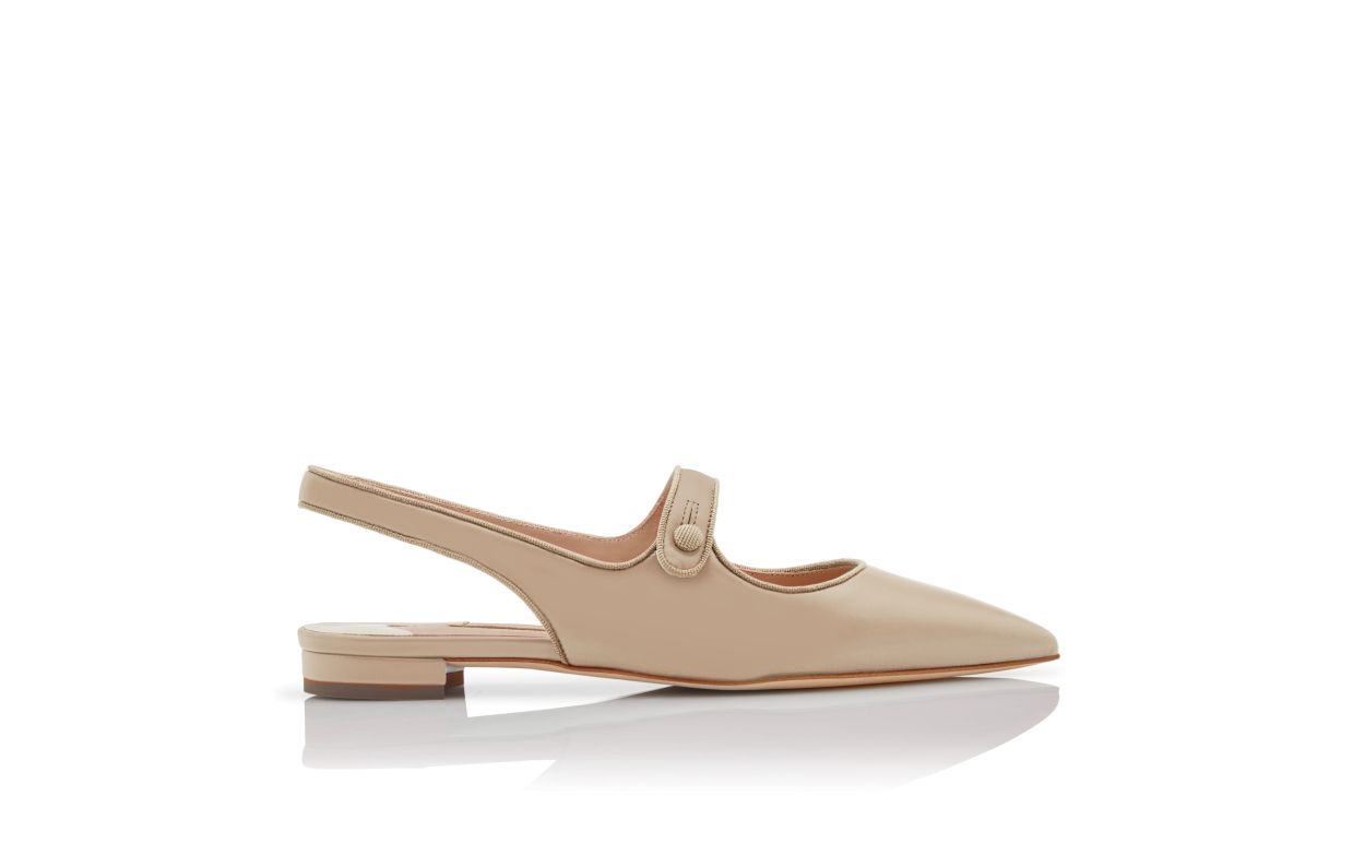 Beige Nappa Leather Slingback Flat Pumps