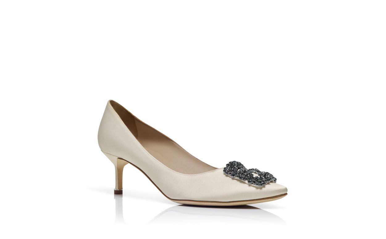 White Satin Jewel Buckle Pumps