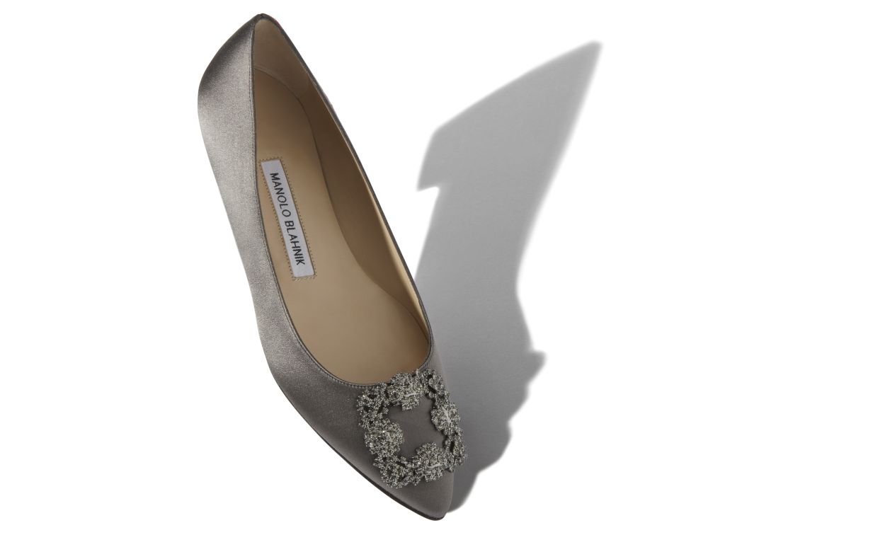 Grey Satin Jewel Buckle Flat Pumps