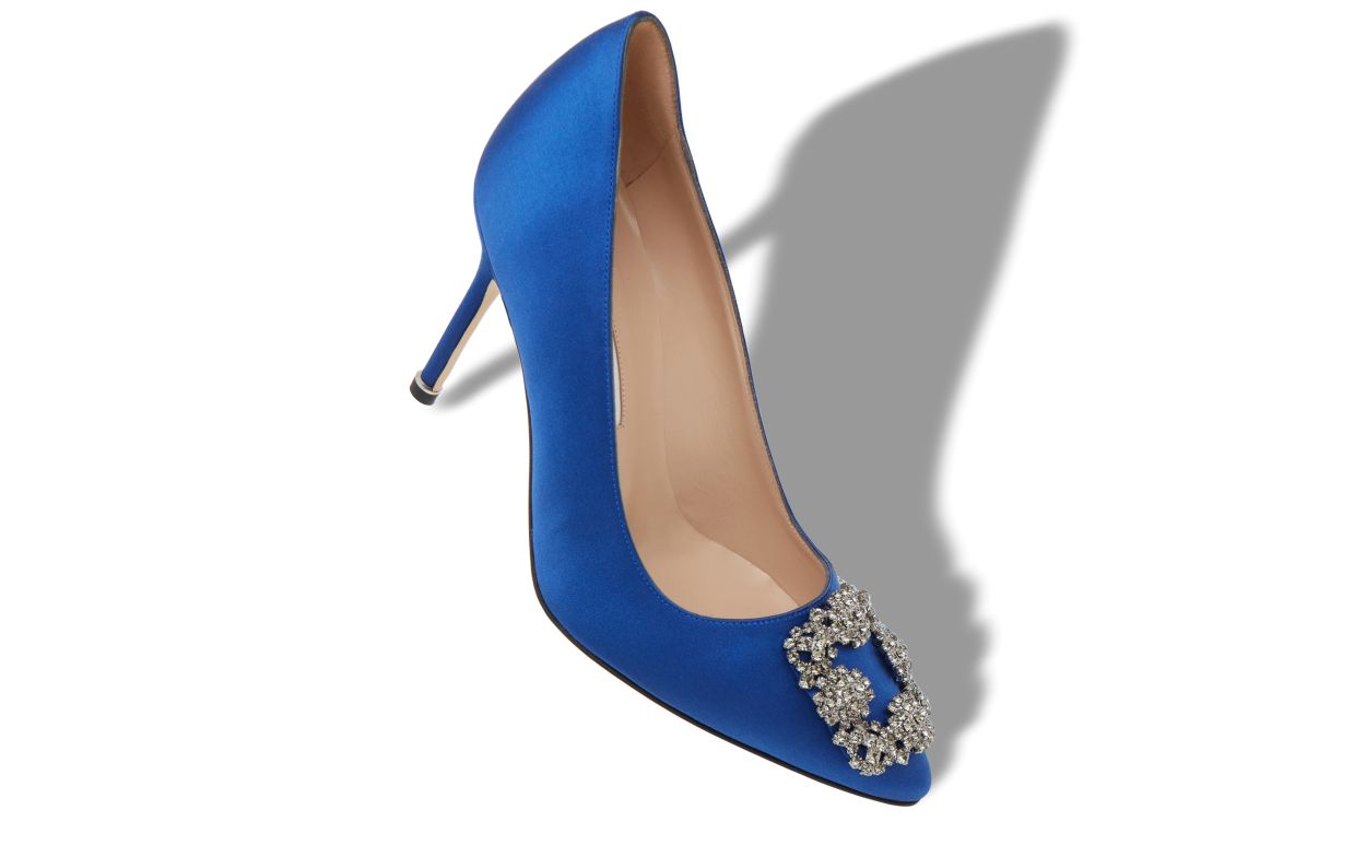Blue Satin Jewel Buckle Pumps