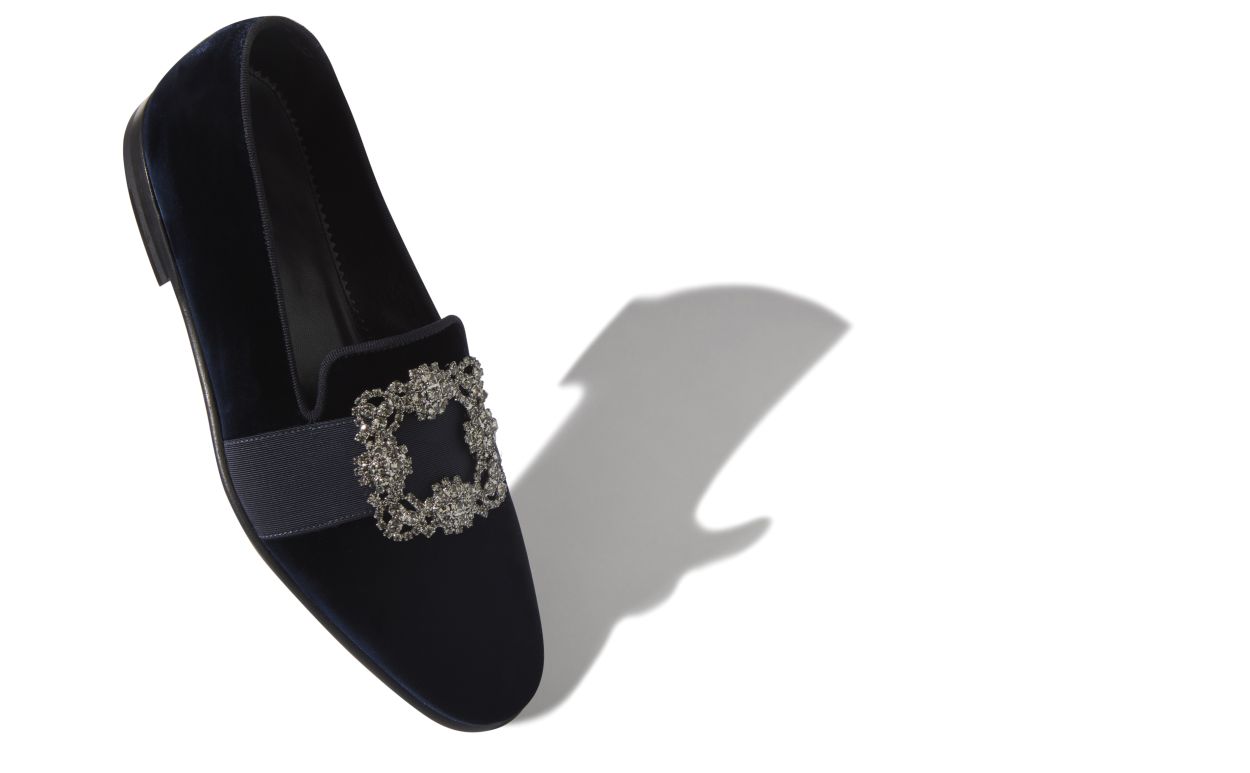 Navy Blue Velvet Jewelled Buckle Loafers