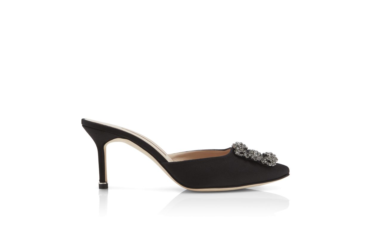 Black Satin Jewel Buckle Mules