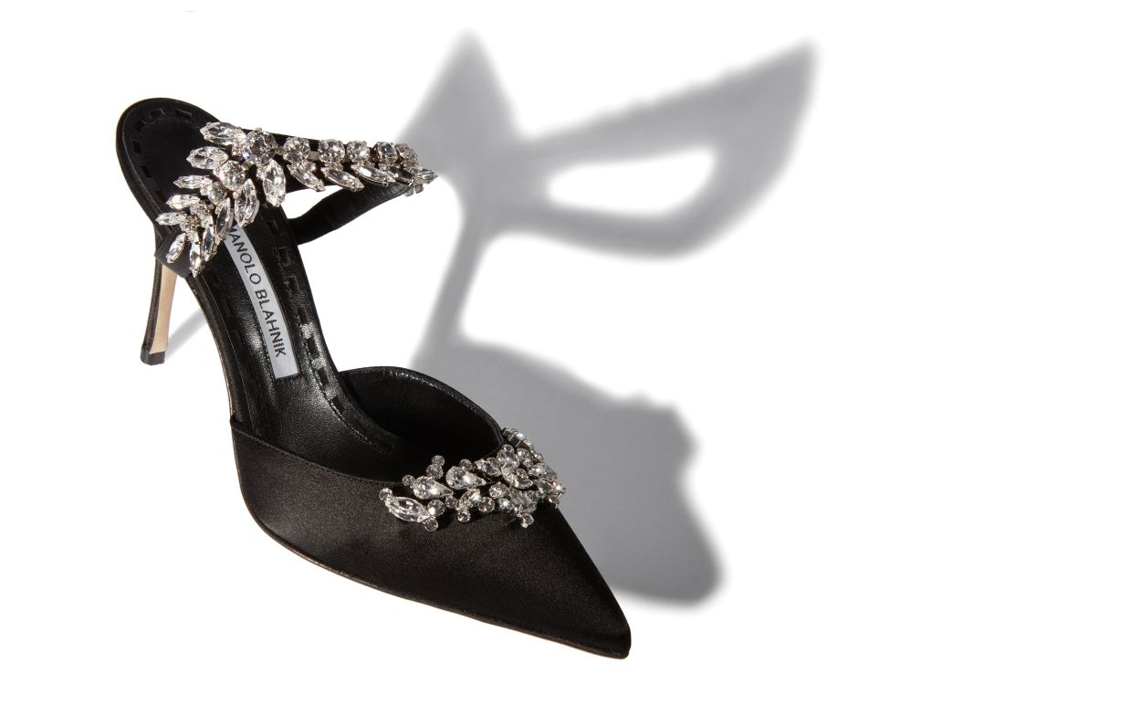 Black Satin Crystal Embellished Mules