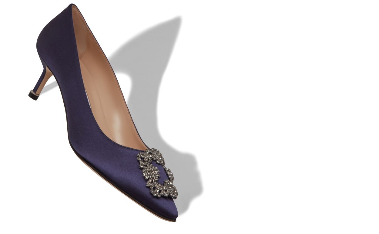 Dark Blue Satin Jewel Buckle Pumps