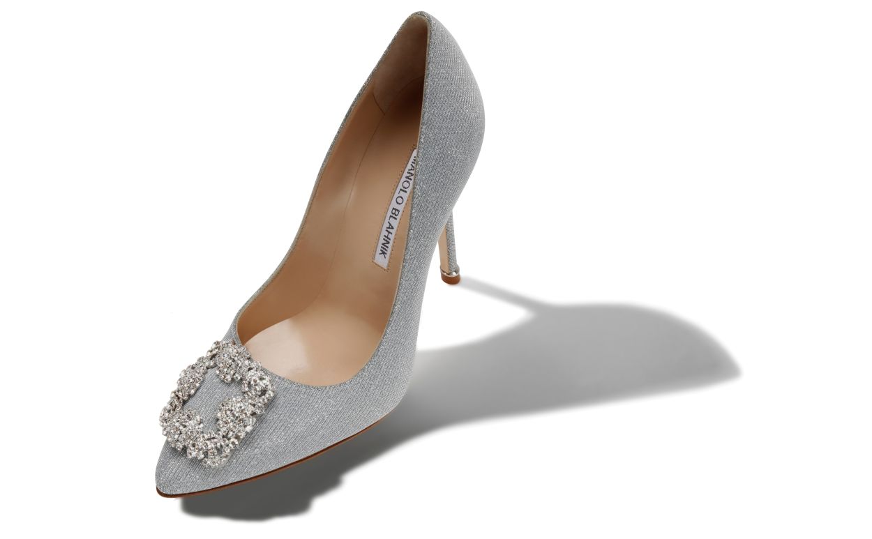 Silver Glitter Fabric Jewel Buckle Pumps