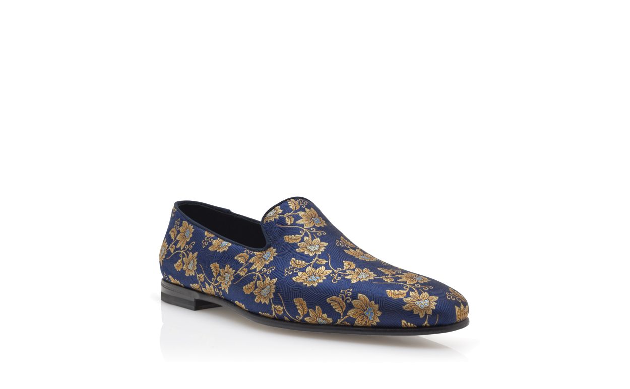 Navy Blue Floral Silk Jacquard Loafers