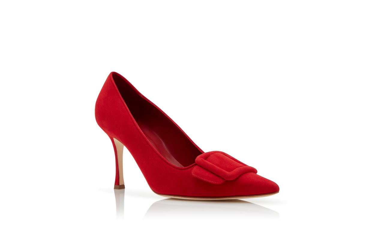 Red Suede Buckle Detail Pumps