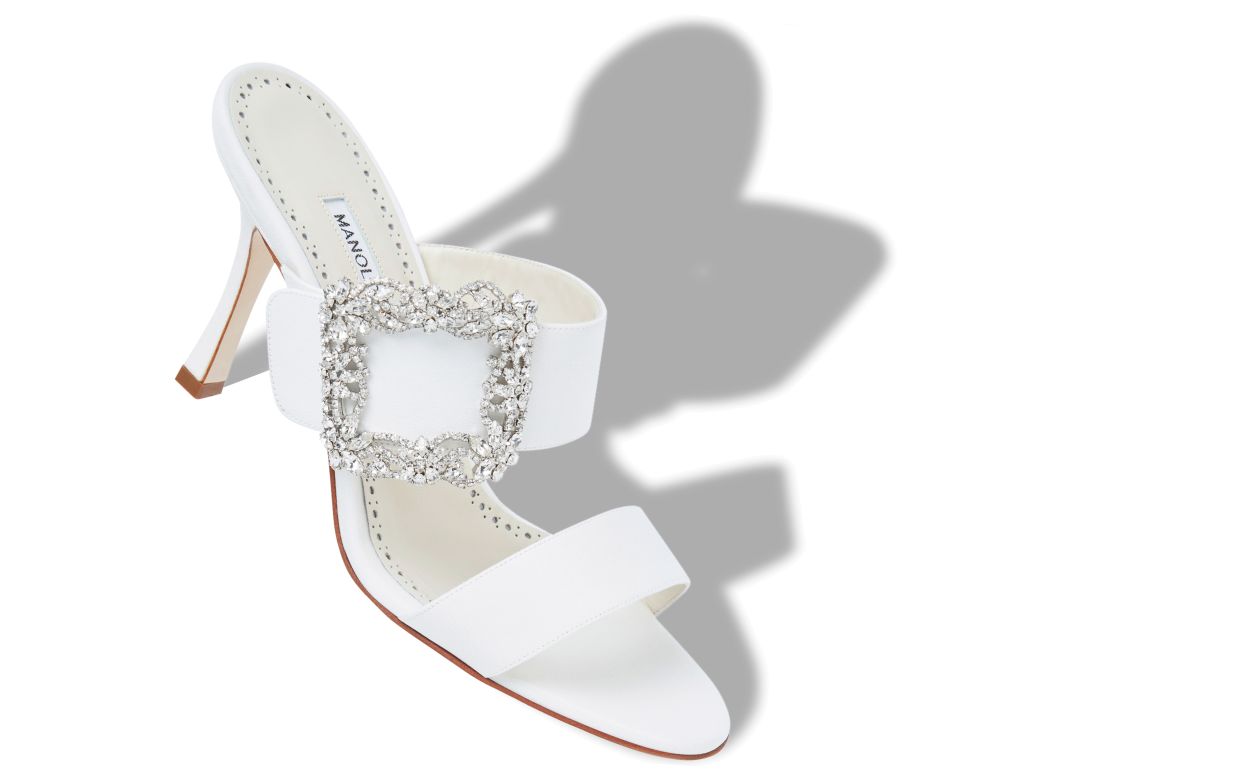 White Crepe de Chine Jewel Buckle Mules